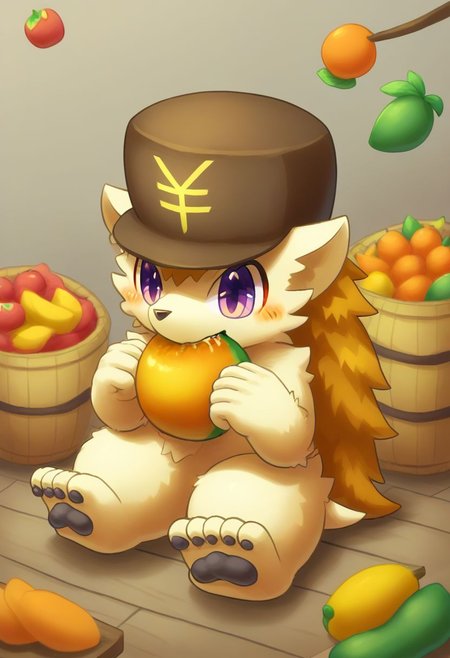 furry, anthro, cute, kemono, male focus, solo, score_9, score_8_up, male, full body, digital art, highly detailed, zPDXL2, hedgehog, hat with yen sign, purple eyes, excessive fruits, vomiting mango, mango in mouth, mango all over body, blush, sitting to the viewer, fruity,