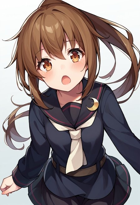 score_9, score_8, score_7, source_anime, fumizuki (kancolle), 1girl
ponytail, solo, looking at viewer, blush, open mouth, long sleeves, school uniform, crescent pin, black serafuku