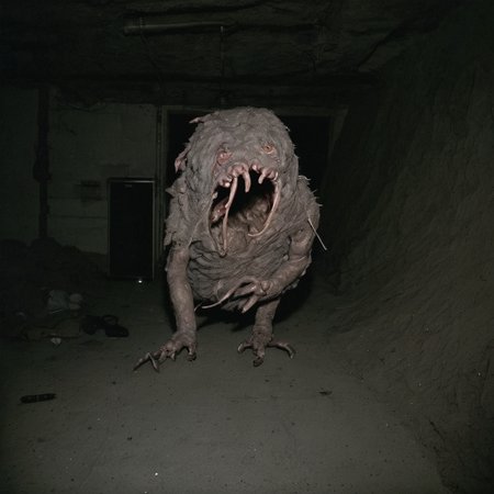 ab0m, dryer lint monster in unfinished basement, dark basement lit by camera flash, 35mm color analog photo