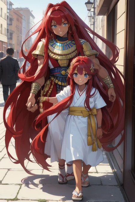 masterpiece, best quality, ultra realistic, 8k uhd, very high quality, extremely detailed face:, very muscular Egyptian-Japanese woman walking and holding hands with a young girl, woman and young girl walking and holding hands, smiling and happy, (extremely dark caramel skin), bright blue eyes, absurdly long ruby red hair, super long ruby red hair, muscles, city environment