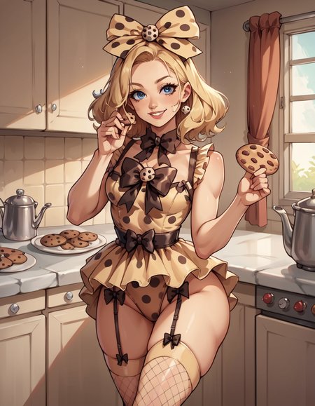 score_9, score_8_up, score_7_up, score_6_up, score_5_up, score_4_up, source_anime, best quality, 1girl, solo, long blonde hair, blue eyes, lipstick, hud_ckie,  sleeveless brown polka dot leotard, garter straps, cookie, frills, fishnet thighhighs, bow, hair decoration, <lora:cookie-000008:0.8>, looking at viewer, light smile, kitchen