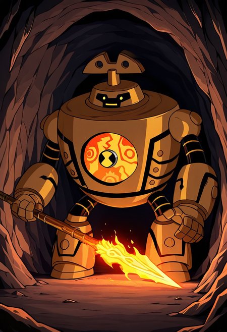 masterpiece, best quality, amazing quality, very aesthetic, absurdres, newest, 
 clockwork, robot, solo, no humans, 
inside cave, holding speak, ancient spear, dark cave, cave paintings, cave wall paintings, cave drawings, caveman clothes, caveman pelt, fire glow, hand on cave wall