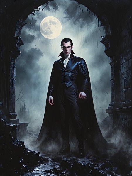 waist and torso, vampire Count Dracula, piercing gaze fixed on the viewer with an aura of regal authority,  Sharp cheekbones and a chiseled jawline, pale complexion contrasts starkly against the darkness of his hair, which falls in tousled waves around his face, castle interior, action shot, dynamic pose, midnight, full moon,    <lora:Desolation:0.8>
