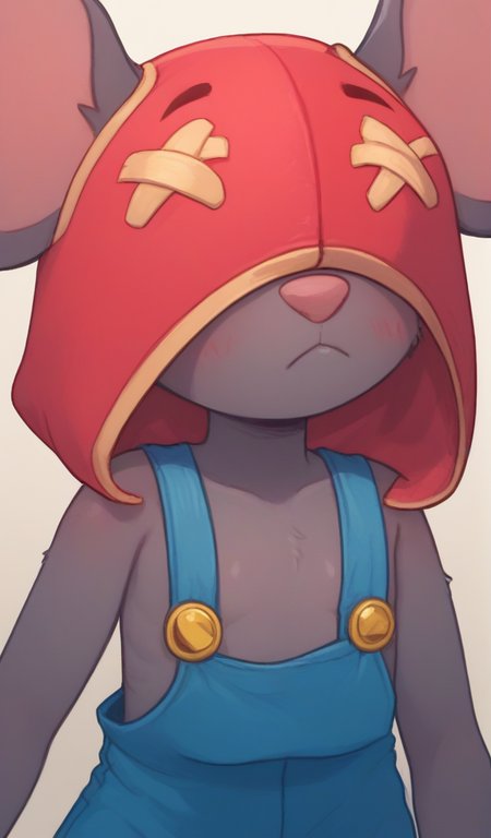 Score_9, Score_8_up, Score_7_up   <lora:bsmoe:1>,bsmoe ,mouse girl , furry female , red hood ,no visible eyes ,blue overalls,  flat chest , no nipples  ,  <lora:PossumMachine:1>posmach    , blush , confused ,??? ,looking at viewer, nervous, upper body,  portrait,