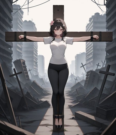 masterpiece,best quality,newest,
1girl, medium breasts, hair flower, t-shirt, pants,
solo, outdoors, abandoned, ruins, floating, full body, straight-on, 
crucifixion, restrained, 
<lora:crucifixionillusxl:1>