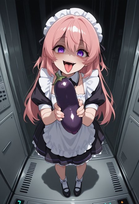 high quality,  full body, <lora:CivChan:1> civchan, yandere,  server, tongue out, holding eggplant,