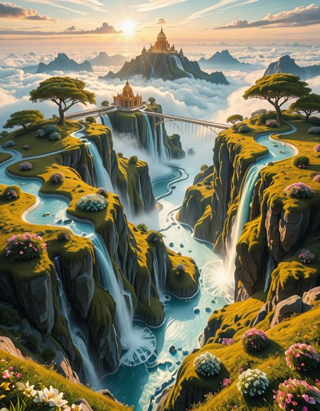 A mesmerizing celestial background featuring an otherworldly paradise. Towering crystalline mountains with peaks that glow softly under a sky painted in shifting hues of iridescent blues, pinks, and golds. Rivers of liquid light flow through vast, open meadows filled with luminescent flowers that pulse with a gentle glow. Gigantic, translucent trees with silver leaves sway in a breeze that carries floating particles of golden dust. Suspended bridges made of shimmering energy connect ancient, floating monoliths engraved with intricate celestial patterns. In the distance, an enormous radiant waterfall cascades into a bottomless, mist-covered abyss, reflecting the surrounding ethereal glow. A tranquil atmosphere, untouched and divine, filled with an overwhelming sense of wonder and serenity.
<lora:SDXLFaeTastic2400:0.4> <lora:extremely_detailed:0.4> extremely detailed,heavenly l4ndsc4p3, <lora:heavenly_l4ndsc4p3-i:1>, Masterpiece,best quality,hi res,8k,hi res,8k,award winning,(sharp focus, intricate, highly detailed),