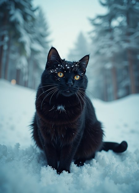 cinematic film still (wide-angle camera:1.25), (fisheye len:1.25), (black cat:1.1), winter, snow . shallow depth of field, vignette, highly detailed, high budget, bokeh, cinemascope, moody, epic, gorgeous, film grain, grainy