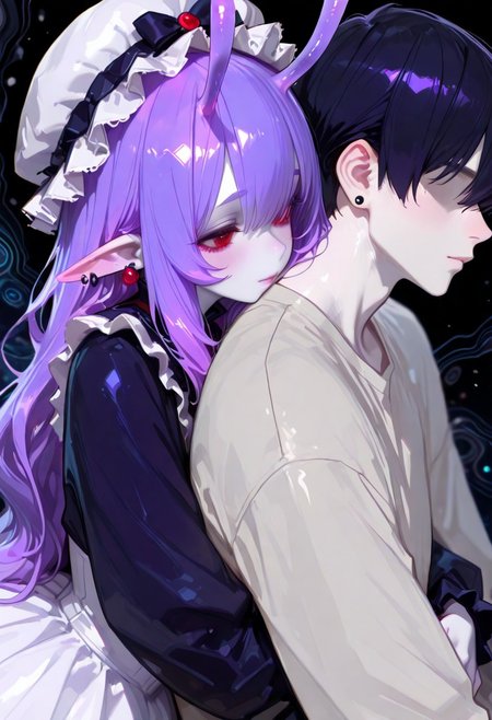 gorgeous, masterpiece, high quality, best quality, highres, very awa, abstract background, very aesthetic, newest, no lineart, realistic, blurry, dynamic angle, closeup, hugging, romantic, height difference, couple, hug from behind,
 m0lly, snail girl, pale skin, pointy ears, ear piercing, antennae, purple hair, red eyes, frilled hat, dress, BREAK,
 1male, generic male, light skinned male, tall male, faceless male, short hair male, black hair,
 748cmstyle, xxx667_illu, glowing, dark background,