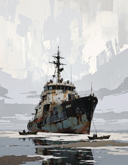 IllusFactor1.. A digital illustration shoot from a low angle about a large ship in a desolate ocean setting, partially submerged in water. the ship, named "ABSY", is the main focus of the image, standing tall in the middle of the frame. it has a dilapidated, rusted exterior with a mix of white and black colors, and the ship's name is clearly visible on the side. the background is a gradient of light gray and white, with a rough, textured appearance, giving the impression of a post-apocalyptic world. the overall mood is somber and desolate, with the ship standing out in stark contrast to the muted tones of the surrounding environment. on the foreground, a small boat with a few people can be seen, adding to the sense of depth and realism to the image. the water is calm and still, reflecting the ship and the surrounding landscape, creating a sense of tranquility and isolation.