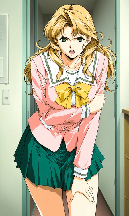 masterpiece, best quality, good quality, <lora:Maejima_Kaori_IS:1> 
Maejima_Kaori,1girl, long hair, blonde hair,green eyes, large breasts, pink jacket, Yellow bow, serious face, horibe hiderou style,
slant eyes,
open mouth,
solo, school uniform, green skirt, serafuku, long sleeves, pleated skirt, bow, looking at viewer, shirt,
apartment house, room.