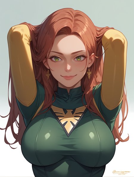 score_9, score_8_up, score_7_up,  solo, 1girl, anime,  portrait, JeanGrey, green bodysuit ,yellow elbow gloves, large breasts, happy, closed mouth, smile,  squinting, hands in hair,  simple background,  <lora:phoenix-10:1>, zPDXLxxx