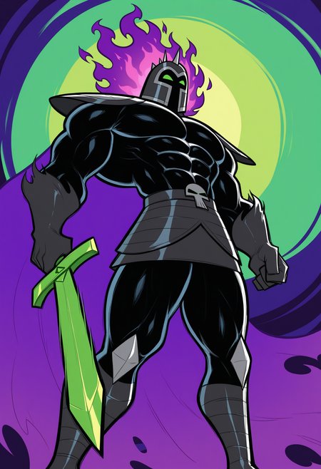 style parody, male focus, 1boy, solo, fr1ghtkn1ght, helmet, muscular, muscular, holding green sword, broad shoulders, purple flame, armor, purple cape, thick thighs, dynamic pose, multicolored background, abstract background,
perfect anatomy, masterpiece, perfect quality, best quality, detailed, newest, very aesthetic