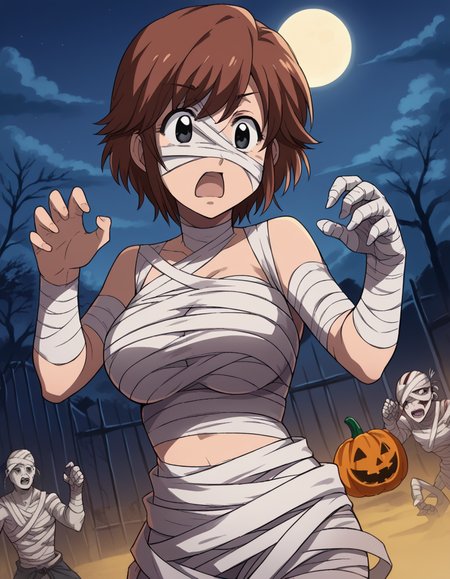 score_9, score_8_up, score_7_up, source_anime, <lora:kyouko-houin-s1-ponyxl-lora-nochekaiser:1>, kyouko houin, short hair, large breasts, brown hair, black eyes,, <lora:mummy-costume-ponyxl-lora-nochekaiser:1>, mummy costume, bandages, halloween costume, bandaged arm, zombie pose, bandage on face,, desert, moon, night, open mouth, , dutch angle, cowboy shot