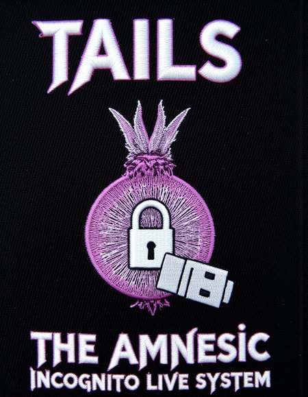 <lora:TextimproverV0.4:1> aidmatextimprover,   <lora:metal-logo:1> m3t4ll0g0 Text : "Tails" in large text at the top. The text "The Amnesic Incognito Live System" is printed at the bottom.  Featuring  a purple and white logo of a  Mixture of onion, Lock and USB stick <lora:Embroidery_Patch_FLUX:1> patch, embroidery