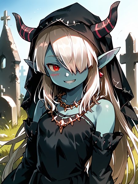 (upper body, solo:1.1) <lora:happy_tentacle-necromancer-v0.3-000037:1>, ht_necromancer, colored skin, horns, (petite:1.2), <lora:Shed_The_Skin's StS_age_slider_v1_initial_release:-1.1> ( (detached sleeves :1.1) :1.1) jewelry, necklace, earrings, bracelet ( , , (doyagao :1.2) , smile , :1.2) , outdoors, vegetation, ( :1.1), summer , (dusk :0.6), , (:0.5), , ( :0.8), graveyard, funeral, (funeral dress, black dress, black veil:1.3) ( :0.8) score_9, score_8_up, score_7_up, score_6_up, score_5_up, score_4_up, ( [(realistic, photorealistic:1.3):(realistic:1.2):16] [(3d:1.2)::14] :1) <lora:LUUNA's Lunas-NijiJourney-SDXL-B2:0.35>, nijijourney <lora:prgfrg23's Counterfeit-V3.0 Style SDXL_LoRA_Pony Diffusion V6 XL:0.5> <lora:mfcg's mfcgXL:0.12> <lora:reweik's gyokai(himehajime)_PonyXL_style_v01:0.14>