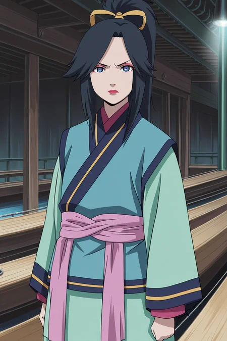 anime screencap, anime coloring, detailed face, masterpiece, best quality, very aesthetic, absurdres, volumetric lighting, official style, amazing quality, ultra detailed,  highres, amazing quality, scenery, beautiful detailed hair, beautiful detailed eyes
 <lora:Koyuki_Kazahana_Naruto_the_Movie_Ninja_Clash_in_the_Land_of_Snow_-_Illustrious_r2:1>
outside, on the deck of a boat,
Koyuki green kimono outfit, Koyuki Kazahana (character), black hair, long hair, blue eyes, Japanese clothes, long sleeves, ponytail, (makeup, lipstick, eyeshadow),
looking at the viewer, serious face, cowboy shot, lips parted,
