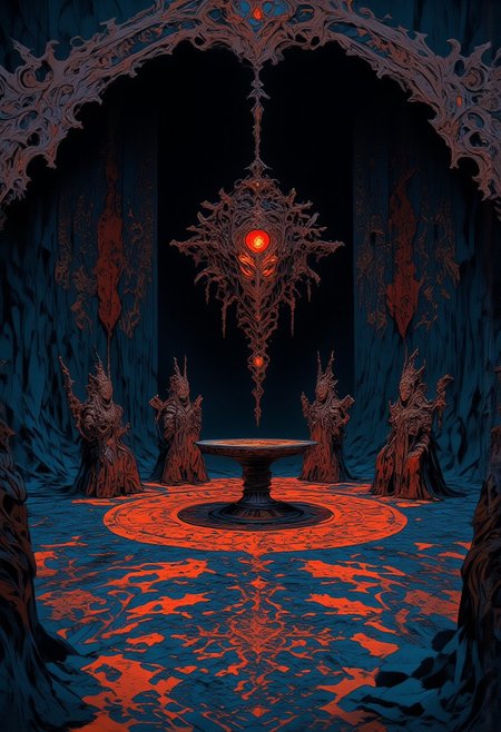 « On a heavy red and blue rug of intricate pattern stood a massive table of carved dark timber.»
