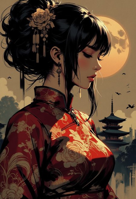 in the style of ck-mgs, nistyle, Special Ink-drawing mode, intricate linework with expressive contrasts, Mh1$AgThS2, Inkplash art on rice paper, sepia, henna , Silhouette Art, magnificent, dark background, inksplash closeup side portrait of stunning japanese woman, gold and red cheongsam, light hitting one side of face, abstract traditional japanese art background suggesting a shinto temple