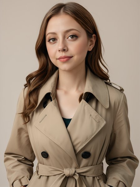 30yo felicitysynthxl, upper body, standing, neutral background, neutral expression, large breasts, modest,
wearing a trench coat,