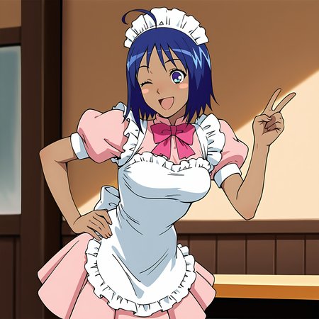 absurdres, 8k, high resolution, masterpiece, best quality, absolutely fantastic art, amazing quality, very aesthetic,1girl, solo, <lora:weda:.8>, weda, one eye closed, dark-skinned female, dark skin, blue eyes, ahoge, maid, apron, blue hair, short hair, waitress, maid headdress, blush stickers, open mouth, smile, hand on hip, pink dress, v