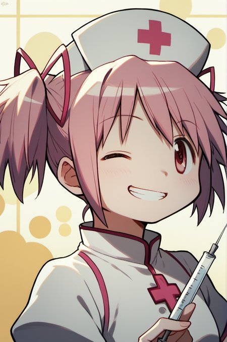 madoka \(Puella Magi Madoka Magica\),1girl,short twintails,nurse,take the needle,one eye closed,grin,abstract_background,upper_body,dynamic_angle,<lora:madoka_pony_v2:0.7>,, score_9,score_8_up,score_7_up,score_6_up,score_5_up,score_4_up,