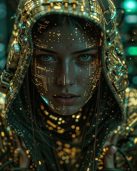 High-resolution, close-up portrait of a person wearing a futuristic, rugged spacesuit with a hood. The subject has light skin, striking blue-green eyes, and freckles across their face. Their expression is serious and focused. The spacesuit is detailed with metallic elements, including circular dials and connectors, and is predominantly tan in color with hints of red and black. Snowflakes and glowing particles are scattered across the image, adding a dynamic and ethereal effect. The background is blurred, keeping the focus on the subject's face and the intricate details of the spacesuit.