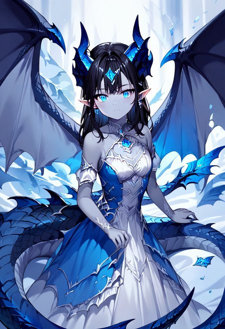 score_9, score_8_up, score_7_up, source_anime+, (1girl, grey skin, pointy ears, ((black hair, blue eyes), dragon wings, two dragon horns, dragon tail)), Drestoria Style, Dress