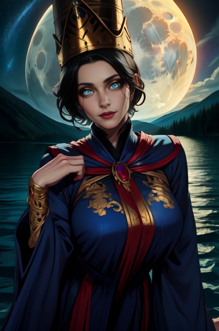 Rennala,short black hair,blue eyes, standing, upperbody,  looking at viewer,  light smile, 
ReDres,jewelry,blue robe,long crown,long sleeves, wide sleeves, tall woman, 
lake,moon close-up,nighttime,stars, dark dungeon,
(insanely detailed, beautiful detailed face, masterpiece, detailed eyes, best quality),realistic, cleavage cutout,  leaning forward, 
 <lora:Rennala-10v3:0.7>