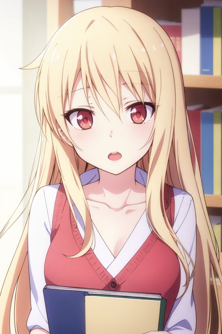 shiina mashiro, 1girl, solo, blonde hair, long hair, book, red eyes, open mouth, bookshelf, collarbone, blurry, looking at viewer, <lora:shiina_mashiro-v4:0.75>