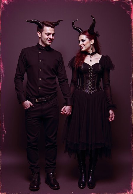 a worn out Elven Victorian gothic couples photograph from 1747, dark contrast sepia with a purple red hue, good condition. the man and woman wearing punkish clothing, holding hands smiling with a subtle gothic punk tone
