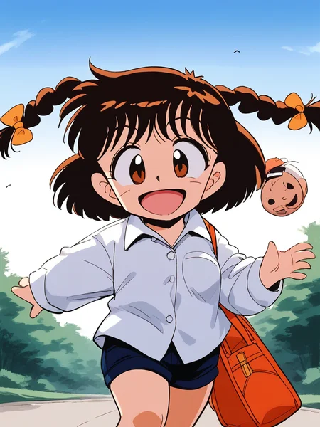 score_9, score_8_up, score_7_up, source_anime, rating_explicit, BREAK <lora:Shinba_Kurumi_XL:1>Shinba_Kurumi, brown hair, brown eyes, twin braids, hair bow, short hair, short stack, 
1girl, solo, smile, shorts, shirt, bow, collared shirt, long sleeves, closed mouth,  bangs,  standing, bag, open mouth,
sky, day,