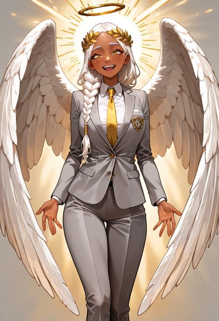 masterpiece, best quality, newest, absurdres, highres, DMIXV1.0, 1girl, dark skin, dark-skinned female, grey suit, suit official attire, official clothes, nectie, yellow necktie, white hair, long hair, braid, single braid, angel, angel girl, halo, wings, angel wings, smile, happy, open eyes, golden eyes, laurel crown, freckles,