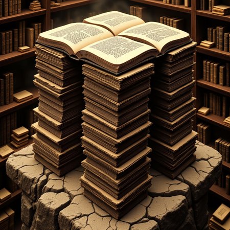 M1CR0CUB3D, aidmafluxpro1.1, A cubed tower made of open books stacked in fractal geometry. Pages turn without wind. Below, an endless library dimension spirals down with floating scrolls and autonomous archivist drones. Palette: sepia, ink black, gold accents. Style: surreal fantasy academia, warm directional light, textural focus on paper grain.