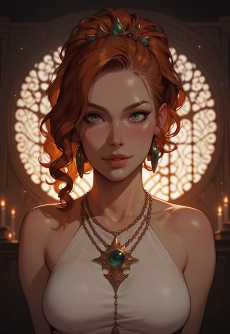 embedding:urn:air:sd1:embedding:civitai:222256@250708, score_9, score_8_up, score_7_up, cute girl, ginger curly hair, ponytail, beautiful face, medium breasts, green eyes, tiny hint of smile, renesance halter dress, necklace, earrings, dynamic pose, ((whole body portrait)), inside basement library, complete darkness, green flame is only source of light, orb illuminates face and breasts, dark fantasy 
