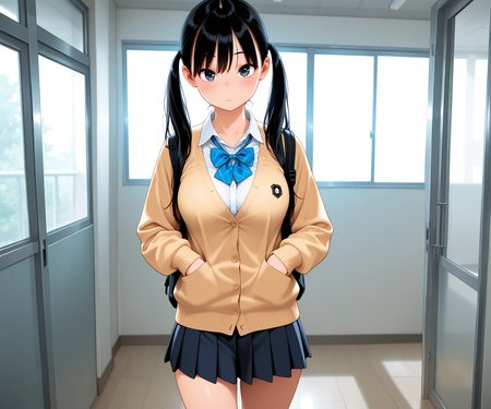 masterpiece, best quality, amazing quality, sfw, 1girl, solo, shirt, cardigan, skirt, black hair, long hair, twintails, looking at viewer,  medium breasts, <lora:Key style ILL-v2:1.4> keystyle,