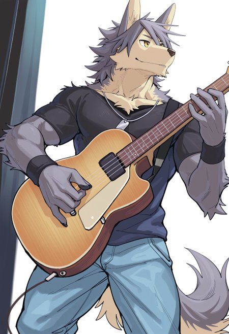 best quality, amazing quality, very aesthetic, absurdres, newest, by tupidwithouts, kouya_aotsuki, morenatsu, furry, 1boy, solo, muscular, black undershirt, blue pants, dogtag, playing guitar, <lora:TupidwithoutS_style_Illustrious:1>, <lora:Kouya_Aotsuki_Morenatsu_Illustrious:1>