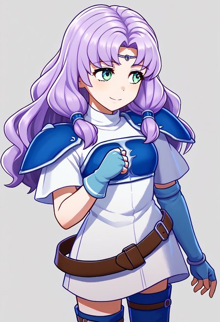 score_9, score_8_up, score_7_up, source_anime BREAK 1girl, solo, <lora:zs_EngagePortraitsXL:1> engageportraits, portrait, white background 
, <lora:NSFlorinaFE7:1> NSFlorinaMain, blue thigh boots, belt, white dress, blue breastplate, blue pauldrons, short sleeves, teal fingerless elbow gloves, circlet, parted bangs, high collar, light purple hair, long hair, low-tied sidelocks, smile