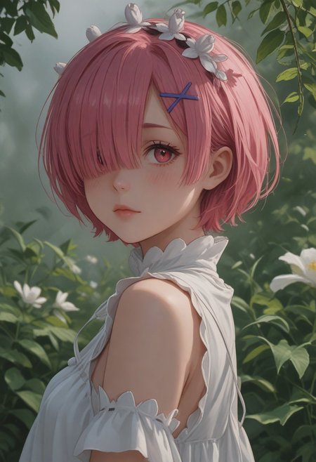 ghibli, score_9, score_8_up, score_7_up, i want the whole image to be created in 3D anime style, 1girl, solo, looking at viewer, blush, short hair, bangs, shirt, hair ornament, red eyes, dress, bare shoulders, closed mouth, upper body, pink hair, flower, sleeveless, hair flower, pink eyes, white dress, hair over one eye, blurry, from side, lips, looking to the side, depth of field, blurry background, x hair ornament, plant, white flower, blurry foreground, ram (re:zero)