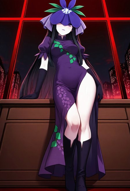 1girl, yomotsu hisami, hisami, touhou, looking at viewer, standing, from below, from side, full body, looking down, black hair, covered eye, purple eyes, (pupils:1.8), eye peek, purple lipstick, (very long hair:1.9), purple dress, puffy sleeves, grape, vine print, elbow gloves, black gloves, boots, knee boots, side slit, patterned dress, wide hips, shiny thighs, toned, toned female, toned thighs, tall female, shiny thigh, hidden, office, window, desk, skyscraper, dark sky, red lighting, black sky, red skyscraper windows, steam, detailed background, (nopetroto:0.9), (alphone mucha:0.3), (re ghotion:1.8, (r.e.c:0.9), very aesthetic, detailed, sensitive, beautiful color, absurdres, anatomically correct, masterpiece, best quality, amazing quality, beautiful, intricate details, Film Grain style,