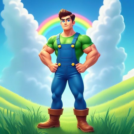 trbbubby, bubbyhero, tbrbubbyhero, "Digital illustration of a young muscular man standing confidently with his hands on his hips, wearing a tight green t-shirt, blue overalls with yellow buttons, and brown boots. His broad chest, powerful arms, and strong legs are prominent. He has dark brown hair styled neatly, piercing blue eyes, a strong jawline, and a big chin. His overalls fit snugly, emphasizing his build. He has a playful but determined expression, looking directly at the viewer. The background features a lush green meadow with a rainbow stretching across a bright blue sky with fluffy clouds. The sunlight casts soft highlights on his defined muscles, and a light breeze ruffles the grass. His stance is wide and stable, exuding confidence and strength. His boots are solid and well-worn, planted firmly on the ground. The scene is colorful and vibrant, enhancing his heroic and energetic appearance. The camera angle is straight-on, capturing his imposing presence in full detail."