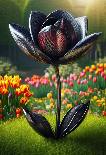score_9, score_8_up, score_8, masterpiece, high detailed, very detailed,  HD, best quality, hyper detailed, ultra detailed, super realistic, close-up, macro 100mm, macro photography,
 cf_style, carbon red tulips, carbon red and carbon green color theme, , , , , , , , , , , , ,carbon textured composition, , , , , soft lighting,) Let it be a magical garden filled with exotic plants and bright buds. The background can be blurred to focus on the colors. 
dynamic angle, dynamic lighting,