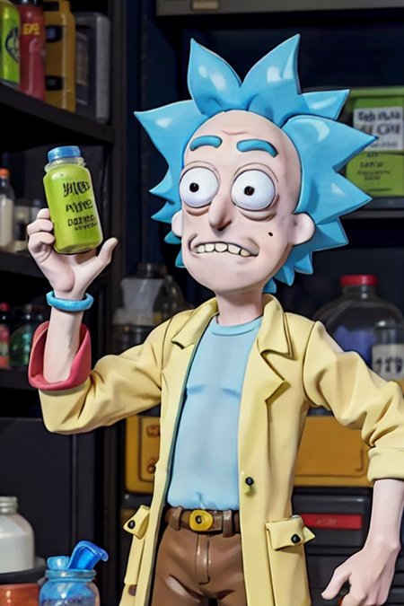 1man, (80's anime style),  <lora:rickSanchezLora_v10:0.4> Rick Sanchez, claymation working as alchemist in a lab, holding a vial, countertop, full body, gas, fumes, steam, ooze, toxic barrel <lora:akemiTakada1980sStyle_1:0.2>, takada akemi