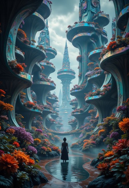 In a hauntingly beautiful dystopia, witness an intricate network of hovering architectural structures, their surfaces adorned with bioluminescent patterns reminiscent of forgotten cultures. Against a backdrop of swirling, moody iridescent clouds, the buildings pulsate with soft, melancholic lights that breathe life into the desolation. Striking elements like unexpected angular designs juxtapose with organic curves, resembling a living organism twisted by time. Below, winding pathways made of translucent material twist through urban gardens overflowing with rare flora that has adapted to this world. Individual figures, dressed in a fusion of tattered elegance and advanced tech, ponder amidst the ethereal glow, surrounded by echoes of their vibrant past, reflecting the duality of survival in this seemingly thriving yet deeply melancholic landscape,,aidmaimageupgrader,Midjourney_Whisper,aidmaMJ6.1