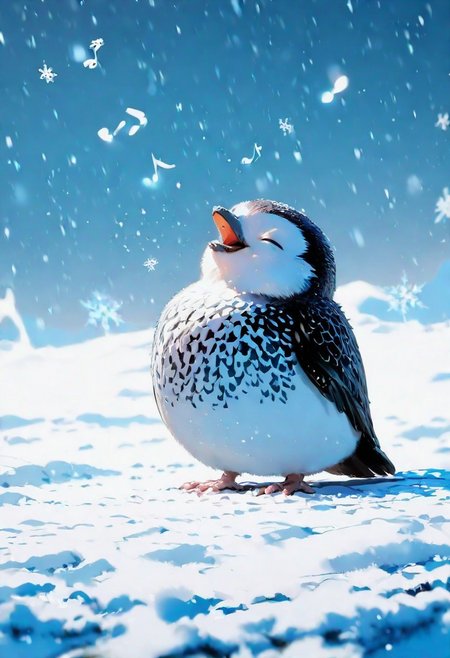 no humans, bird, animal focus, general, 
closed eyes, open mouth, 
(musical note:1.3), singing,
winter, snowing, snow, snowflakes, 
depth of field, photo \(medium\), 
best quality, very awa, highres, newest
