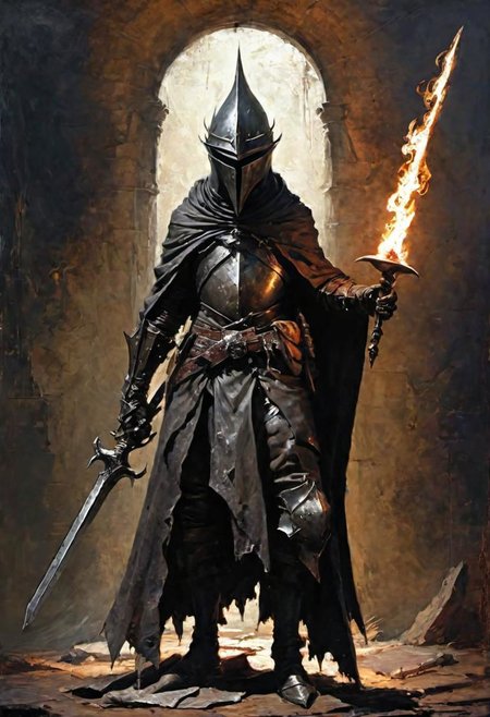 videogame art of profane (((Abyss Watchers)))
wearing (ragged, brigand, holding a giant metal flame shaped sword,  leather tunic, metal plates and cloth, pointy shaped helmet, sewn together), gothic, legion,  by Jean-Baptiste Monge and Nicola Samori, Nazgul from lord of the rings, coif leather, holding a parchment script scroll