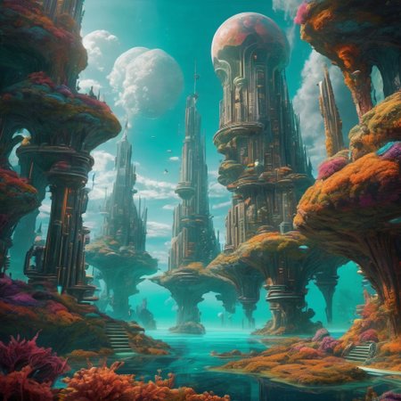underwater futuristic city, fantasy, legendary, otherworldly landscape, bright colors, intricate details, surreal elements, clouds, empty scene