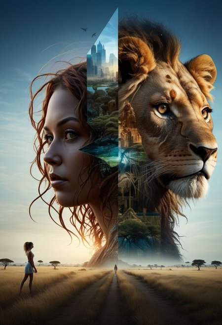 mysterious silhouette of a woman side by side with a lion, in african savannah, goddess, alluring, by Minjae Lee, Carne Griffiths, Emily Kell, Steve McCurry, Geoffroy Thoorens, Aaron Horkey, Jordan Grimmer, Greg Rutkowski, amazing depth, double exposure, surreal, geometric patterns, intricately detailed, bokeh,  perfect balanced, deep fine borders, artistic photorealism , smooth,  great masterwork by head of prompt engineering   <lora:add-detail-xl:2>  <lora:Double_Exposure:0.5>