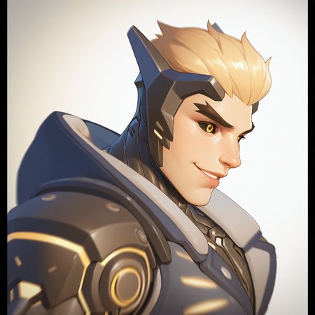 <lora:GENJI_GENOS:1>genji_genos, solo, smile, short hair, blonde hair, 1boy, yellow eyes, male focus, parted lips, teeth, armor, lips, thick eyebrows, headgear, portrait, close-up, colored sclera, nose, realistic, black sclera, hair slicked back, cyborg, power armor, science fiction, tilted angle, motion blur, film grain, abstract, natural lighting, fantasy, cinematic, dynamic view, tilted angle,, very awa, masterpiece, best quality, absurdres, newest, perfect quality, detailed background, intricate details,  (artist:fl \(l-fl\):0.7), (artist:tooboshoo:0.7), (artist:dizdoodz:0.8)