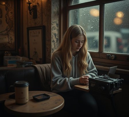 <lora:crumpjournalsketch-000011.safetensors:1>
In the early hours of a dreary November afternoon, the old coffee shop, nestled in the heart of post-war Berlin, hums with a quiet, almost reverent buzz. The air is thick with the scent of roasted beans and the distant clatter of cups and saucers. A young woman, Helga, sits at a small, wooden table by the window, her long, wavy blonde hair cascading over her shoulders. Dressed in a simple grey hoodie and black pants, she is a picture of concentration, her fingers dancing over the keys of an ancient typewriter. The paper, yellowed with age, catches the dim light filtering through the rain-streaked glass, casting a soft, melancholic glow over her features.
The coffee shop, with its ornate wood paneling and vintage decor, serves as a temporary sanctuary for the weary. Patrons, mostly middle-aged men and women, are scattered about, each lost in their own world of books, newspapers, or quiet conversations. The barista, a woman in her late thirties with a stern, yet kindly demeanor, moves gracefully behind the counter, her movements a testament to years of practice.
Helga’s typewriter, a relic from a bygone era, is her prized possession, a tool she uses to weave tales of the mysterious and the unknown. Her surroundings, though cozy, serve as a stark reminder of the city’s recent past, where every cobblestone and brick carries the weight of history. The gentle hum of the coffee shop, the scent of warm pastries, and the soft murmur of conversation create a serene atmosphere, yet beneath this calm lies a deep reservoir of shared pain and resilience.
Footnote 1: The typewriter, a common tool during the post-war era, symbolizes the enduring spirit of those who continued to create and communicate despite the hardships of the time.
Footnote 2: The coffee shop, with its classic interior, reflects the efforts to rebuild and restore a sense of normalcy in a city that had seen the darkest of times.